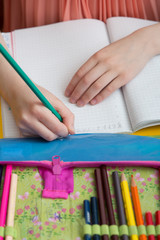 Children on the writting lesson at school with their school supplies