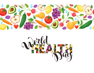 World health day poster with fresh fruits and vegetables isolated on white background. Horizontal composition from food.