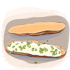 Color illustration of bread with butter on a plate