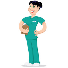 Female mascot bella caretaker, nurse. Ideal for educational and educational materials