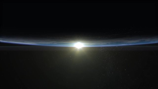 Sunrise over the Earth. The earth slowly rotates. The sunrise from the bottom. Realistic atmosphere. Volumetric clouds. View from space. Starry sky. 4K.