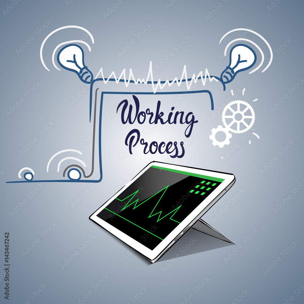 Aufkleber tablet computer business financial graph working process flat vector illustration