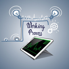 Tablet Computer Business Financial Graph Working Process Flat Vector Illustration