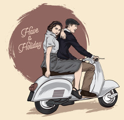 Couple on a scooter. Happy riding together. retro illustration
