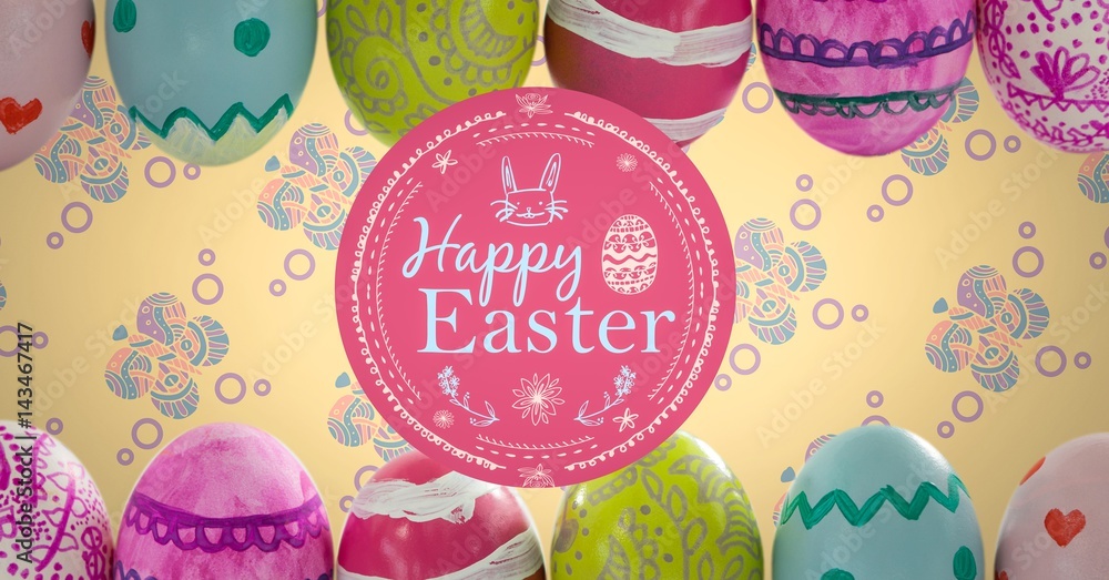 Poster happy easter text with easter eggs in front of pattern