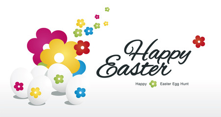 Happy Easter egg hunt color flowers white background