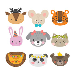 Obraz premium Cute animals with funny accessories. Set of hand drawn smiling characters. Cat, lion, dog, tiger, panda, deer, bunny, mouse and bear. Cartoon zoo