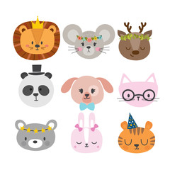Cute animals with funny accessories. Set of hand drawn smiling characters. Cat, lion, panda, dog, tiger, deer, bunny, mouse and bear. Cartoon zoo