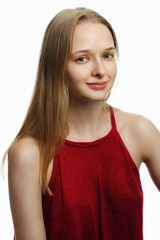 Portrait of a woman without makeup. Model test. Fashion model. White background.