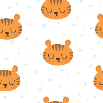 Cute seamless pattern for children with funny tiger. Smile characters
