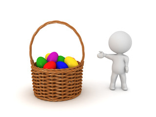 3D Character showing basket filled with colorful easter eggs