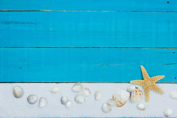 Blank teal blue sign with seashell border