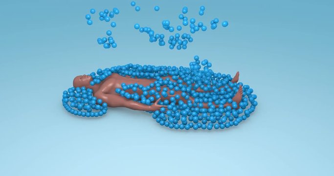 Man enveloped by spherical swarmbots. 3d animation
