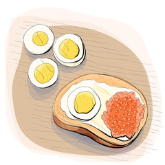 Color illustration of bread with butter on a plate