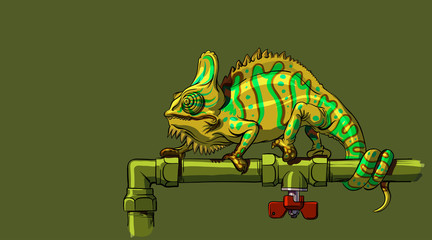 Chameleon sitting on a water pipe with a tap © Mykhailo