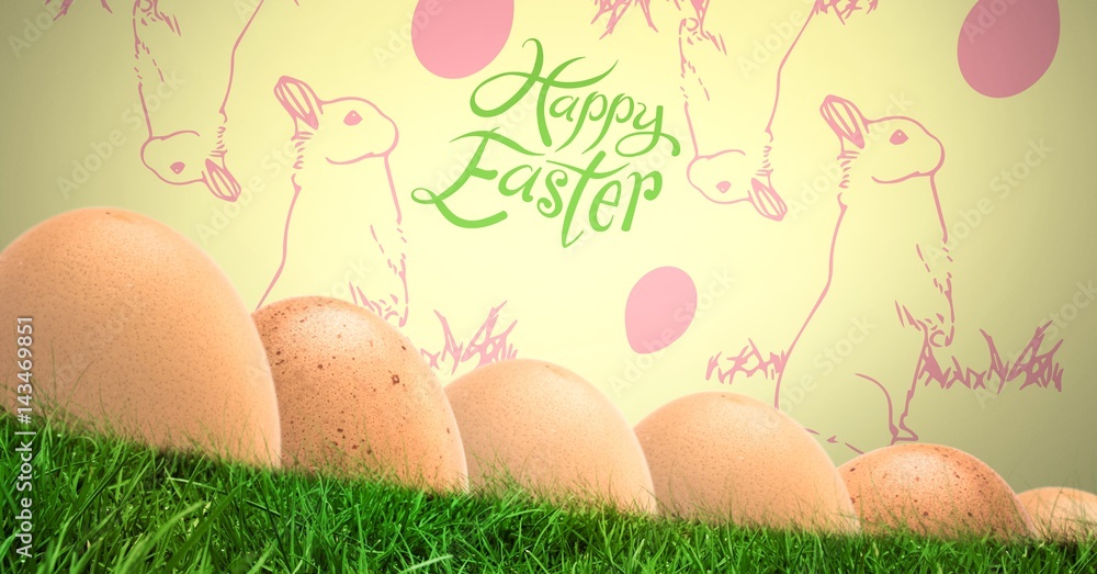 Poster happy easter text with easter eggs in front of pattern
