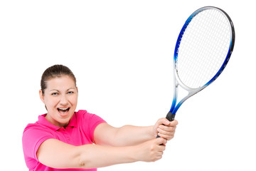 cheering woman with a racket for tennis in the hands on a white background