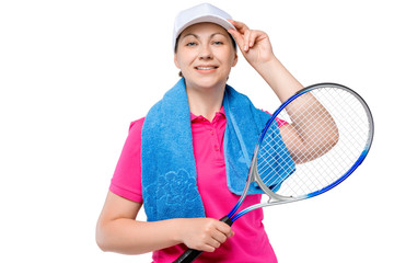professional tennis player in a baseball cap with a towel and a racket on a white background
