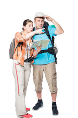girl shows his finger direction of his friend on a white background