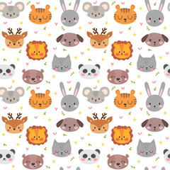Cute seamless pattern with funny animals. Smile characters