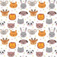 Cute seamless pattern with funny animals. Smile characters