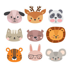 Set of cute hand drawn smiling animals. Cat, lion, panda, dog, tiger, deer, bunny, mouse and bear. Cartoon zoo