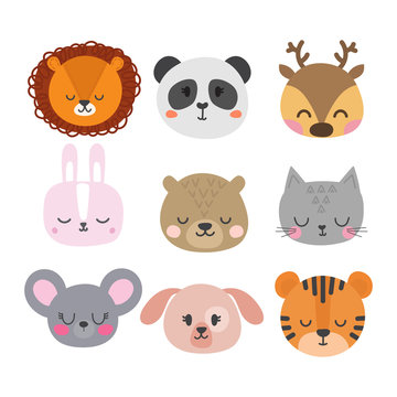 Set of cute hand drawn smiling animals. Cat, bunny, lion, panda, tiger, dog, deer, mouse and bear. Cartoon zoo