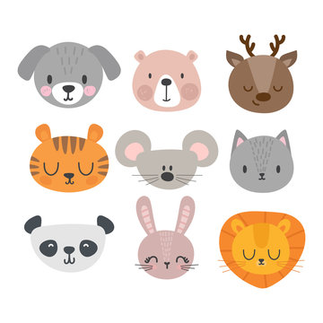 Set of cute hand drawn smiling animals. Cat, deer, panda, tiger, dog, lion, bunny, mouse and bear. Cartoon zoo