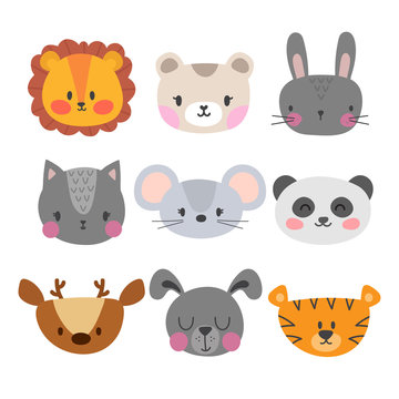 Set of cute hand drawn smiling animals. Cat, lion, panda, tiger, dog, deer, bunny, mouse and bear. Cartoon zoo
