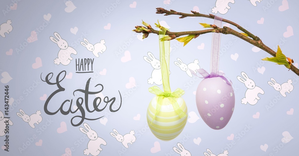 Poster happy easter text with easter eggs on branch in front of pattern