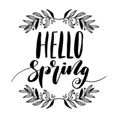 Phrase Hello spring. Brush pen lettering