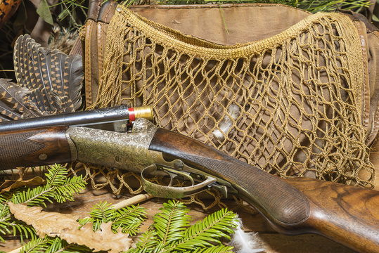hunting still life.Beautiful hunting rifle and hunting equipment