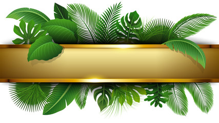 Golden banner with text space of Tropical Leave. Suitable for nature concept, vacation, and summer holiday. Vector Illustration © Rendix Alextian