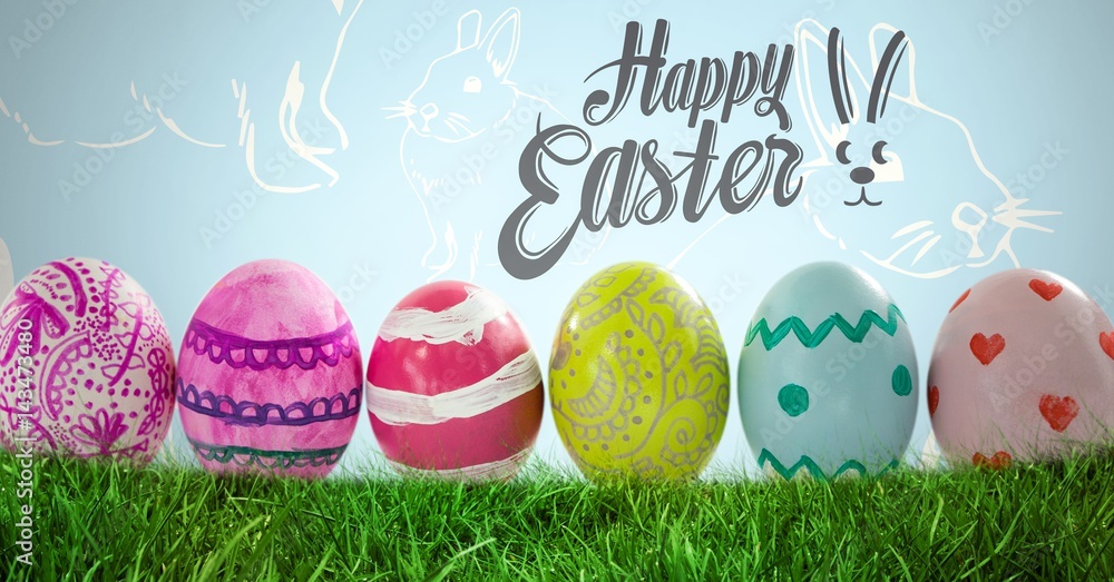 Poster happy easter text with easter eggs in front of rabbit pattern
