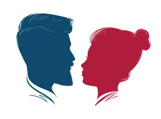 Portrait of man and woman. Head profile, silhouette. Wedding, love, people symbol. Hipster, vector illustration