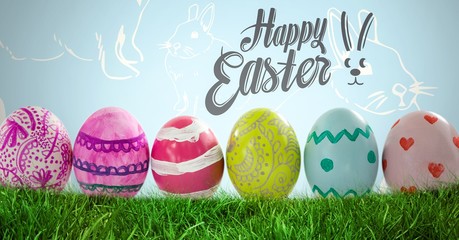 Happy Easter text with Easter Eggs in front of Rabbit pattern