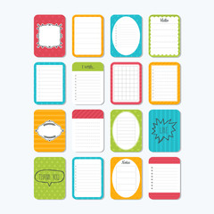Sheets of paper. Collection of various note papers. Cute design elements. Template notepad