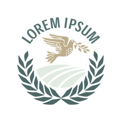 Vector sign with rural arable land in a circle of spikelets and a dove bird carrying olive branch in beak as a peace symbol. Vector logo or icon