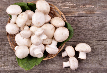 Basket with fresh champions on an old wooden background
