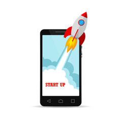 The spacecraft crashes outside smartphone screen. Vector illustration. Concept of business start-up. © chekman