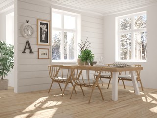 White dinner room with winter landscape in window. Scandinavian interior design. 3D illustration