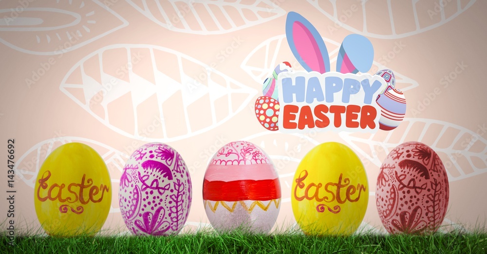 Poster happy easter text with easter eggs in front of pattern