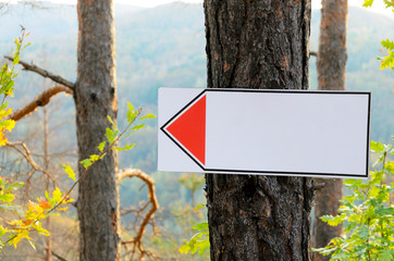 Blank white signboard in the forest with red arrow pointing left