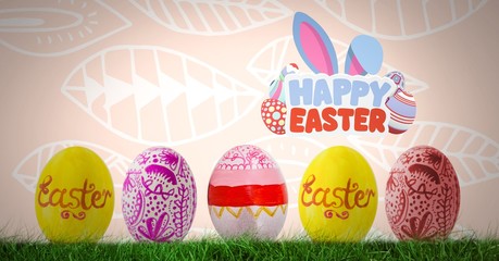 Happy Easter text with Easter eggs in front of pattern