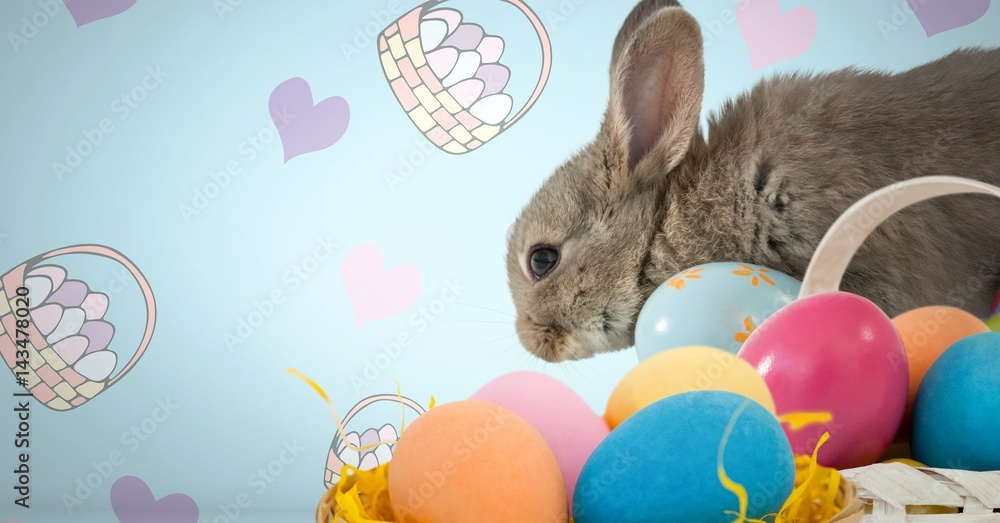 Poster easter rabbit with eggs in front of pattern