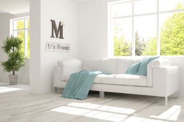 White room with sofa and green landscape in window. Scandinavian interior design. 3D illustration