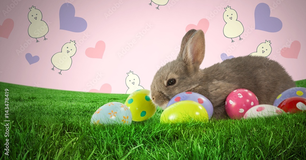 Poster easter rabbit with eggs in front of pattern