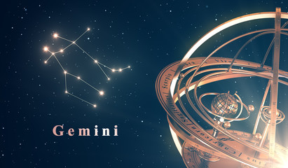 Zodiac Constellation Gemini And Armillary Sphere Over Blue Background - 143478684