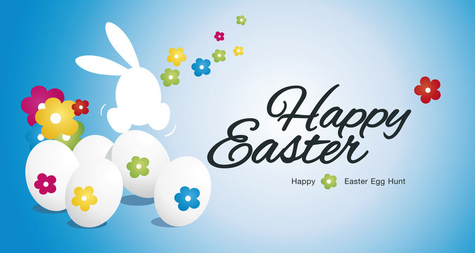 Happy Easter rabbit egg hunt color flowers blue background