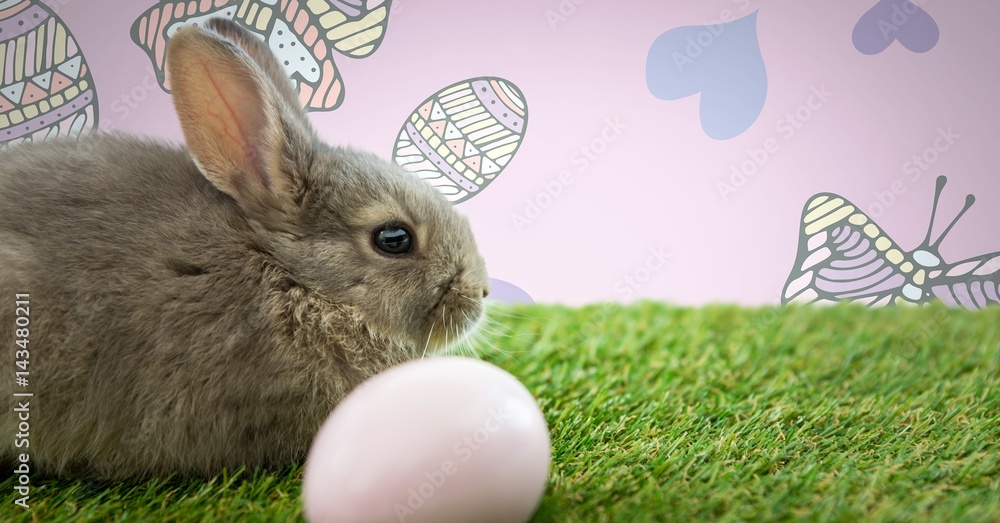 Poster easter rabbit with egg in front of pattern